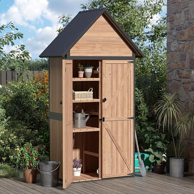 Outdoor Storage Shed with Sloped Roof - Heavy-Duty Metal & Wood Garden Cabinet, Adjustable Shelves, Large Capacity Waterproof Design for Patio, Garage, Backyard (Brown)