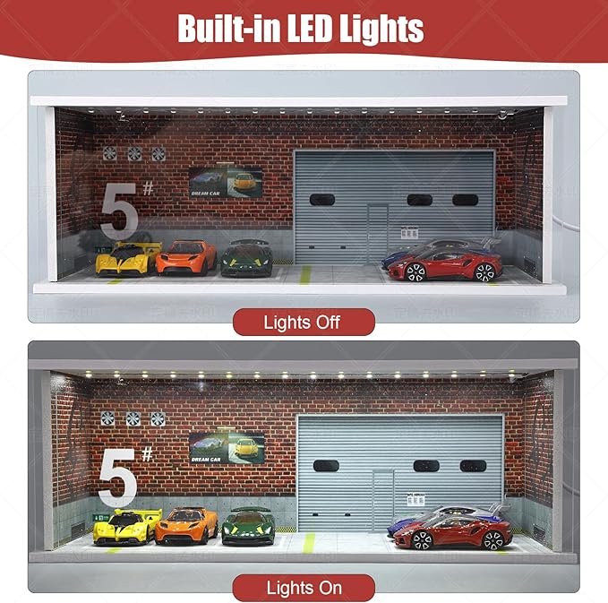 Display Case for Hot Wheels: Stackable Parking Garage for 1/64 Scale Matchbox Toy Car, Foamboard Storage for Monster Trucks with LED Light and Acrylic Cover, Depot
