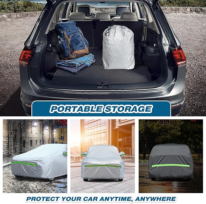 TUCAREST 6-Layers Premium Full Car Cover Hard Shell Zipper Design Waterproof All Weather Weatherproof UV Sun Protection Snow Dust Storm Resistant Outdoor with Straps (Fit for SUV/MPV 181"- 190")