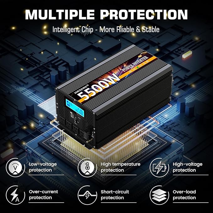 5500 Watt Power Inverter 12V DC to 110V 120V Converter for Family RV Off Grid Solar System Car with Type-C Ports 3 AC Power Outlets Dual USB Ports LCD Display Wireless Remote Control