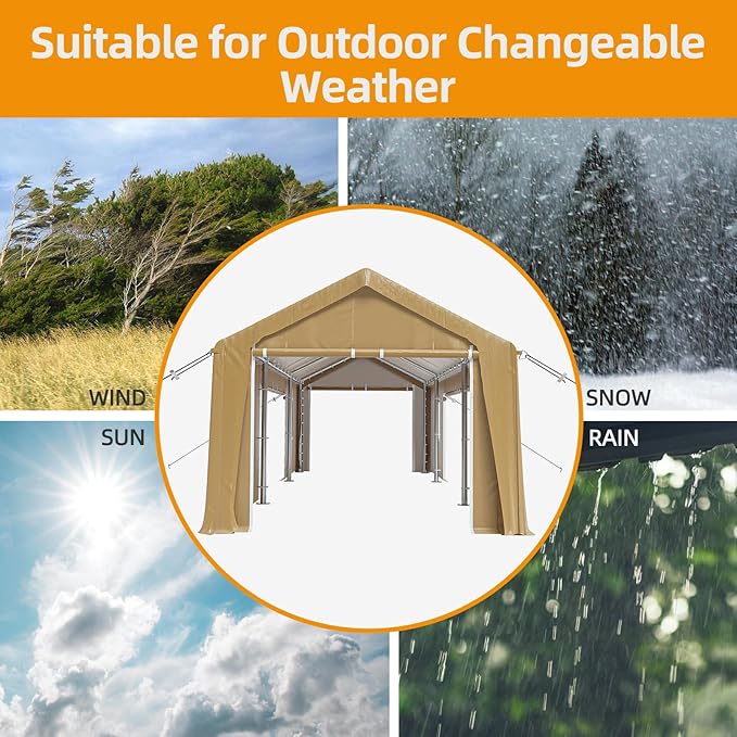 12x20ft Heavy Duty Carport Outdoor Canopy Portable Garage with 4 Doors & 4 Windows Waterproof UV Resistant Storage Shelter with Removable Sidewalls for Car Truck Boat, Earthy Yellow