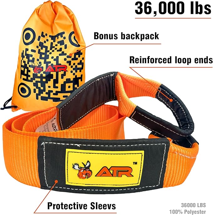 ATR Tree Saver Strap 3.5" x 8ft – 36,000 lbs Break Strength, Heavy Duty Tow Strap for Winch, Off-Road Recovery, Truck, Jeep, Short Polyester Recovery Rope with Loops