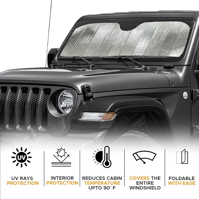 EcoNour Accordion Windshield Sun Shade for Jeep Wrangler | Car Shade Front Windshield Designed for Jeep Wrangler| Dashboard Sun Visor for UV and Heat | XS 53 x 17 inches