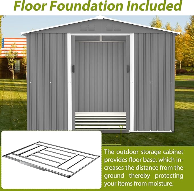 8x6 FT Outdoor Metal Storage Shed with Lockable Door & Floor Frame, Heavy-Duty Garden Tool Shed, Weatherproof Steel Utility Shed for Backyard, Patio, or Lawn Organization