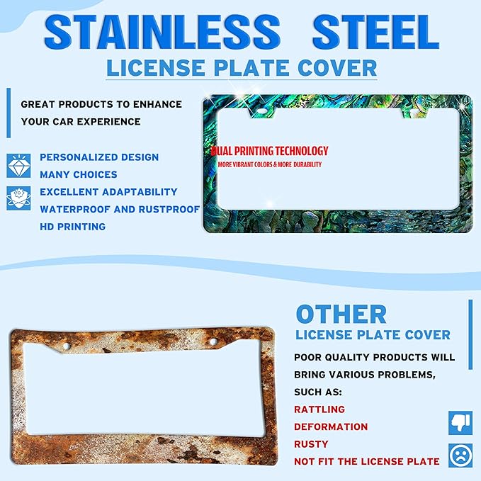 Faux Abalone License Plate Frame Funny Stainless Steel License Plate Holder for Front or Rear Car Tags for Car Decoration Accessories Rust-Proof with Screws 6.3 X 12.2 in for Women Men