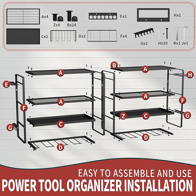 NINAT Heavy Duty 4-Tier Wall Mount Tool Organizer Rack - 8 Drill Holders, 150lb Capacity for Power Tools, Cordless Drills | Garage, Workshop, Shed & Basement Storage Solution