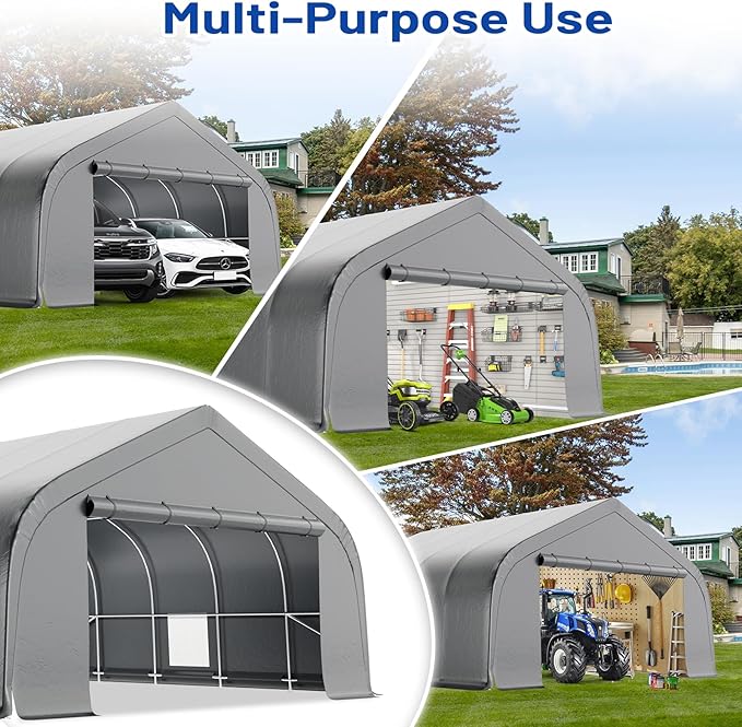 EROMMY 20x30 FT Heavy Duty Durable Carport, Galvanized Steel Frame Garage Shelter and Outdoor Storage, Waterproof 3-Layer PE Cover, Fits 2 Cars, Boat, Farm Equipment, Silver Gray