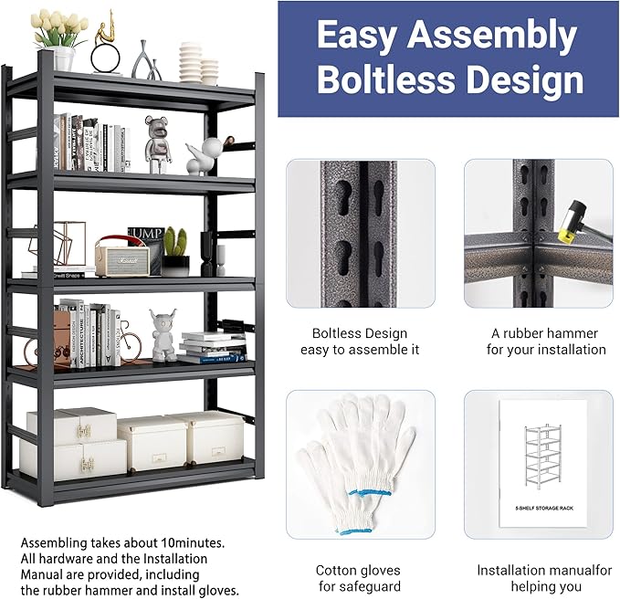 TOPKEY Metal Storage Shelf Garage Storage Shelves, Heavy Duty 5-Tier Utility Shelves for Garage, Kitchen, Warehouse, Adjustable Basement Storage Rack, Load 2500LBS, 78" H x 47.2" W x 18" D