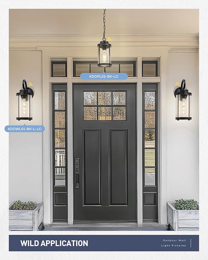 kudos Dusk to Dawn Outdoor Lighting, 15.8 inch Large Cylinder Porch Lights, Anti-Rust Waterproof Outdoor Wall Light for Patio, Garage, Black with Seeded Glass, KDOWL01-BK-L-LC