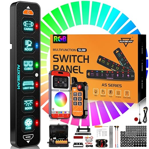 Auxbeam 6 Gang Slim Switch Panel Bluetooth RGB AS-600 with APP&Remote Control Toggle Momentary Pulsed Switch Pod Off Backlight for Truck Offroad UTV ATV Car Marine 12-24V Waterproof, 2 Years Warranty