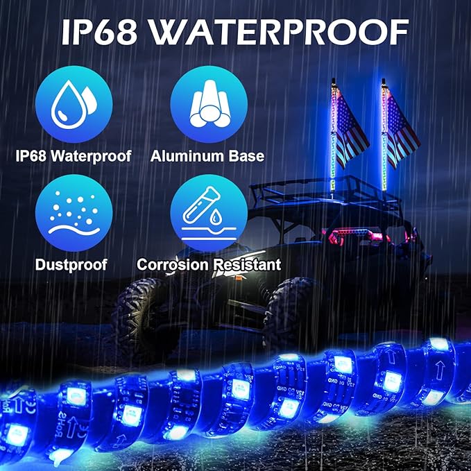 2PCS 3FT RGB LED Whip Light with Spring Base Remote App Control w/DIY Chasing Patterns Turn Signal & Brake Lights for ATV, UTV, Polaris, RZR, Can-am