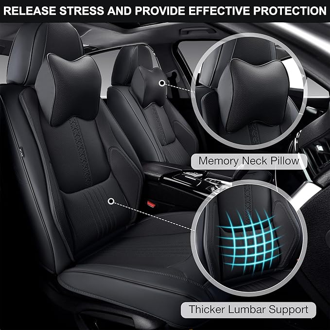 Front Seat Covers, 2 Pieces Universal Seat Covers for Cars, Waterproof Leather Auto Seat Protectors with Head Pillow, Car Seat Cushions Fit for Most Sedans SUV Pick-up Truck, Black