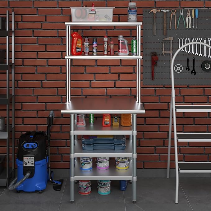 Amgood 24" x 30" Stainless Steel Work Table with 3 Shelves and 12" Wide Double Tier Overshelf | Metal Kitchen Prep Table & Shelving Combo | NSF