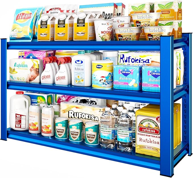 3-Tier Garage Shelving Heavy Duty，48" W Metal Shelving Unit for Garage, 1650 lbs Load Capacity Utility Rack Shelves＆ Garage Shelves, 48”W x 18”D x 39”H(Blue