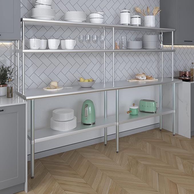 Amgood Stainless Steel Work Table Double Tier Overshelf | Metal Kitchen Prep Table & Shelving Combo (18" x 96" Work Table + 12" Overshelf)