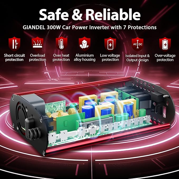 300Watt Pure Sine Wave Power Inverter for Car with PD30W Type C and QC 3.0 USB Car Converter Adapter with Dual USB Ports for Smartphones Laptops Tablets Starlink