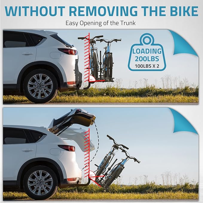 PAULINN Ebike Rack for Tow Hitch, Heavy Duty 2 Bike Folding Bicycle Car SUV Racks for E Bike,Fat Tire and Standard, 2" Hitch Receiver, 200 LBS