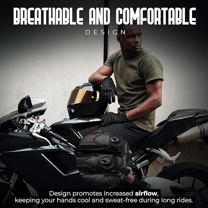 J.A.G. Leather Motorcycle Gloves for Men - Carbon Fiber Knuckle Protection, Motorbike Powersports, Dirt Bike, Touchscreen Gloves for Men and Women, Guantes para Moto.