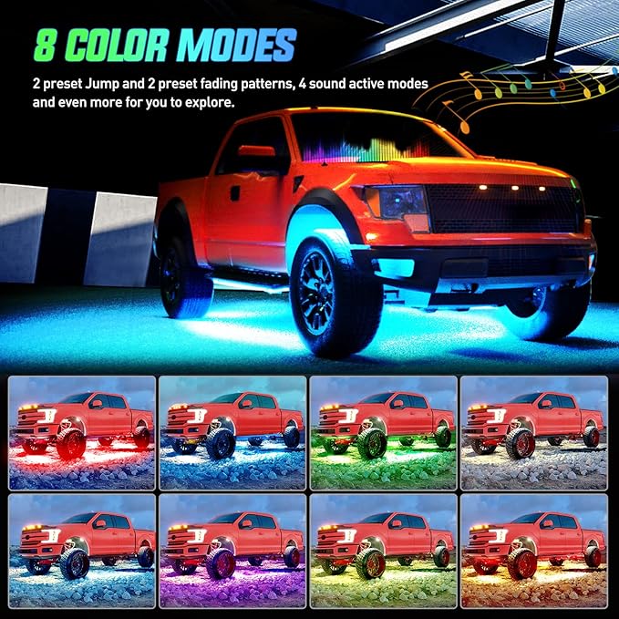Nilight 4Pcs Car Underglow Neon Accent Strip Lights 256 LEDs RGB Multi Color DIY Sound Active Function Music Mode with APP Control and Remote Underbody Light Strips