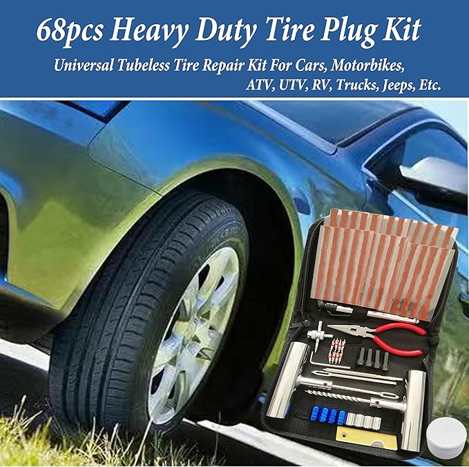Tire Repair Kit, 68pcs Heavy Duty Tire Plug Kit, Universal Tire Repair Tools Flat Tire Puncture Repair for Car, Motorcycle, Truck, SUV, RV, ATV, Tractor, Trailer Fix Punctures and Plug Flats Patch Kit
