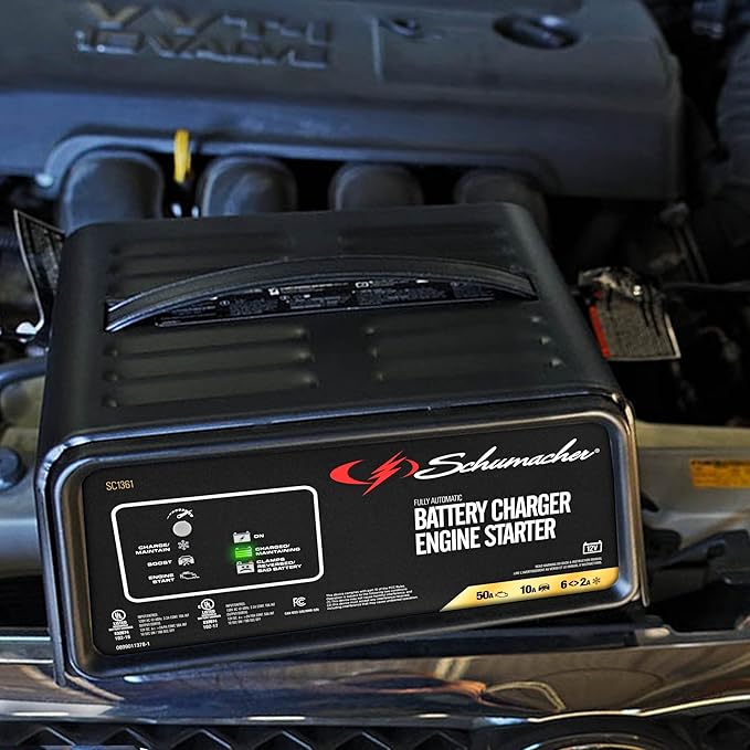 Schumacher Electric 50A 12V Car Battery Charger, Engine Starter & Maintainer - Fully Automatic Battery Charger for Cars, Trucks & RVs - 6A Charge/ 2A Maintain & 10A Boost Modes - SC1361
