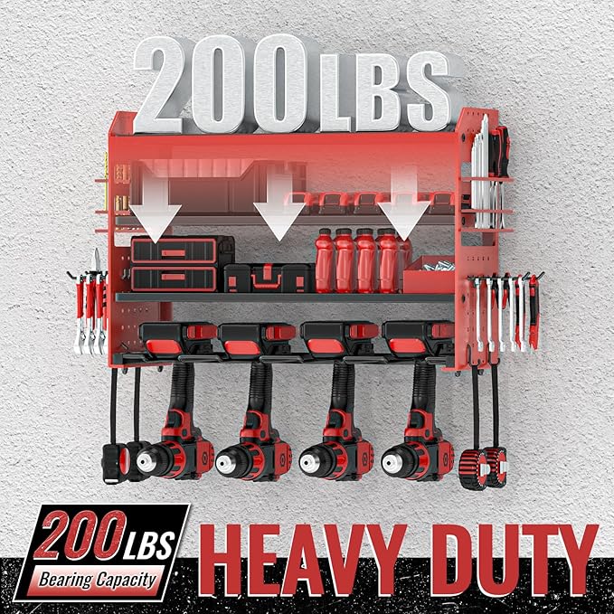 Power Tool Organizer Wall Mount, Red Metal Power Tool Storage Rack with Screwdriver Holder, Garage Tool Storage Shelves with Screwdriver Holder Plier Holder (Red, 4 Drills Holder)