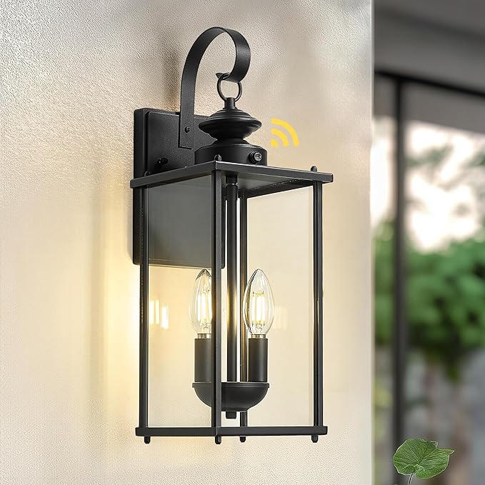kudos Dusk to Dawn Outdoor Lighting,18.1 inch Light Sensor Porch Lights, Anti-Rust Waterproof Outdoor Wall Light for Patio, Garage, Black with Clear Glass, KDOWL02-BK-L-LC