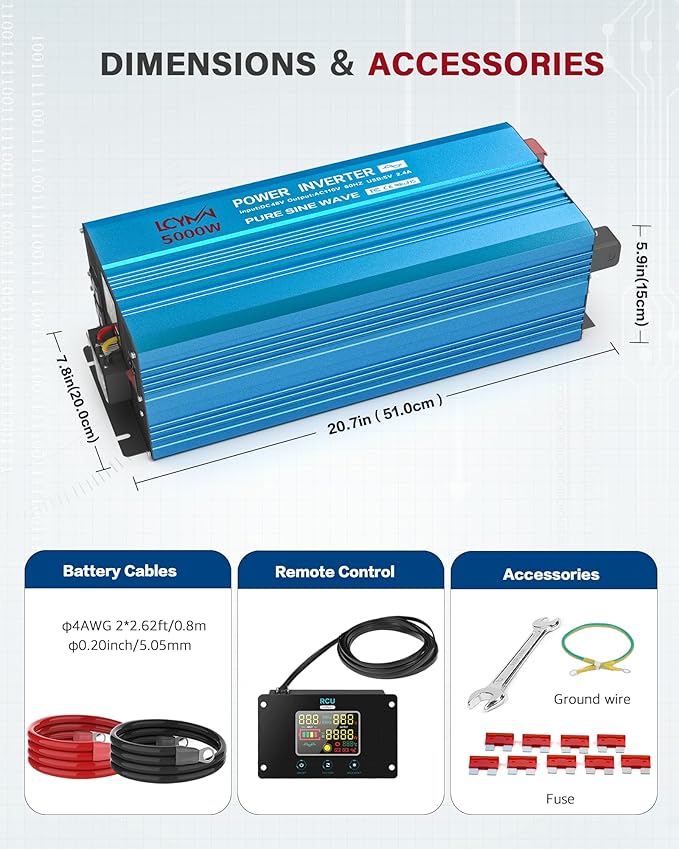 Power Inverter 5000 Watt Pure Sine Wave 48V DC to 110V/120V AC 10000W Peak Converter for Family RV Solar System with 2 AC Outlets LCD Display Remote Control 0.5A USB Charging Port and Wiring Terminal