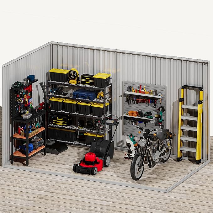 DWVO 9x4 FT Storage Shed for Bicycle, Functional Metal Tool Shelter Garden Storage Unit with Acrylic Windows, Secure Entry Lock, Water-Resistant Waste Enclosure for Outdoor Patio Garden(Dark Gray)