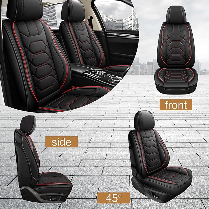 Pariitadin Leather Car Seat Covers Front Pair, Waterproof Faux Leather Seat Covers for Cars, Non-Slip Car Interior Covers Universal Fit for Most Cars Sedans Trucks SUVs, Black/Red