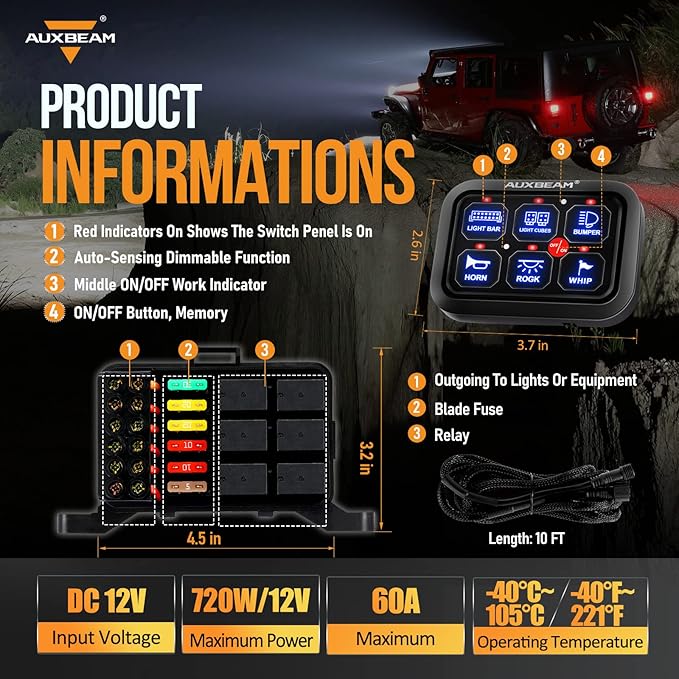 Auxbeam 6 Gang Switch Panel BC60 Universal Circuit Control Relay System Automatic Dimmable LED Switch Pod Touch Control Panel Switch Box for Car Truck Pickup Boat UTV SUV - Blue, 2 Years Warranty