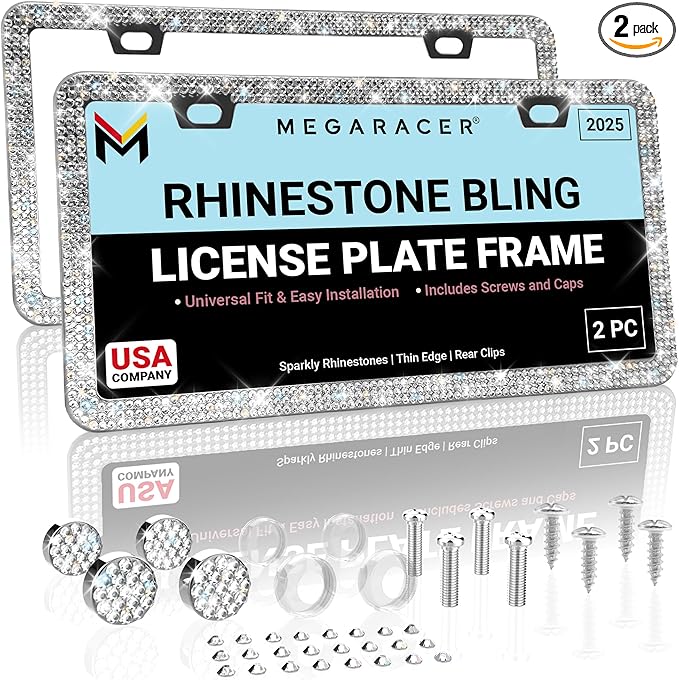 Dazzling Bling License Plate Frames for Women - 2 Pack, 1600 Premium Rhinestones, Rust-Free Stainless Steel, Street Legal Slim Design, Sparkly Diamond Car Tag Holders with Glitter Crystal Screw Covers