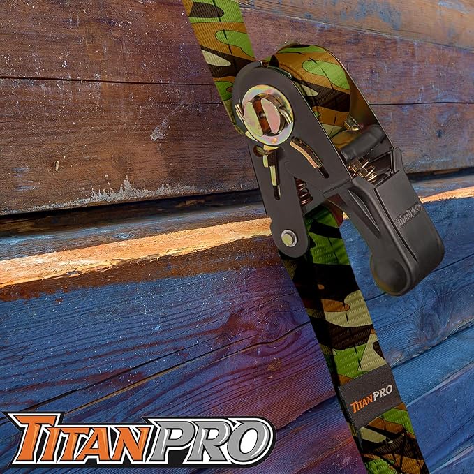 TitanPro Heavy Duty Ratchet Straps 4-Pack - 2,200lb Break Strength, 1" x 15' Rachet Tie Downs with Padded Handles - Heavy Duty, Truck, Motorcycle, Moving Straps (Camo)