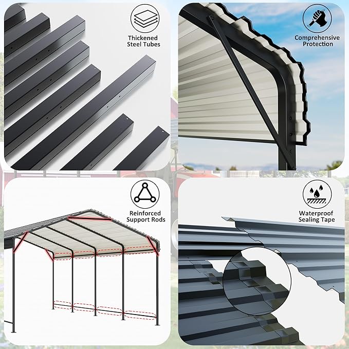 Carport 12x20 FT Metal Carport with Enhanced Base Outdoor Heavy Duty Garage Galvanized Car Shelter for Pickup, Boat, Car and Tractors