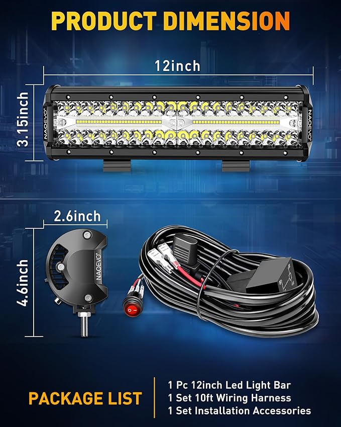 NAOEVO 12 Inch LED Light Bar, 300W 30000LM LED Offroad/Driving/Fog Lights with Wiring Harness Kit, Spot Flood Work Lights for Truck UTV ATV Golf Cart Boat, 1 Pc (White)