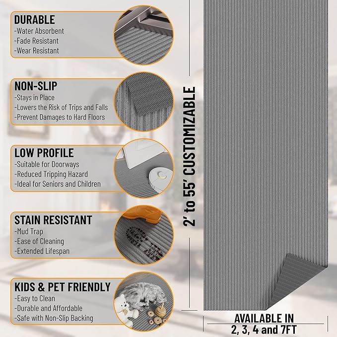 Ottomanson 2'7" x 33' Hallway Runner with Scraper Pile - Extra Durable Non-Slip Rug Mat for Indoor & Outdoor Use - Ideal for Kitchen, Entryway & Garage - High-Traffic Carpet, Gray