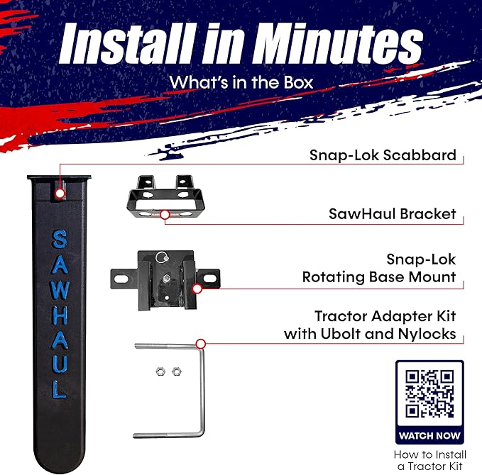 SawHaul Snap-Lok Universal Chainsaw Carrier Kit for Tractors and Skid Steers – 28 Inch Blue Scabbard with Rotating Mount – Compatible with All Chainsaw Brands – Made in USA