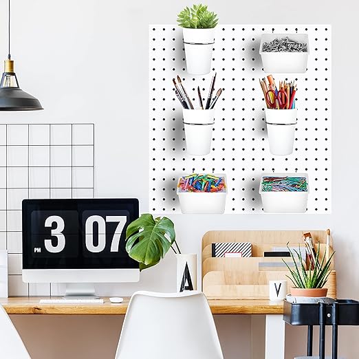 6 Sets Pegboard Bins Cups with Hooks Loops, Pegboard Hooks Assortment, Hooks for Pegboard Cup Holder for Tools Accessory Storage Organizer for Office Workshop Garage Workbench White