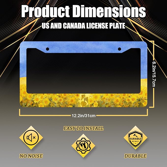 Sunflowers License Plate Frame Watercolor Yellow Floral License Plate Holder Colorful Stainless Steel Flowers Car Accessory Funny License Plate Decoration Size 12.2"x 6.2" with Screws