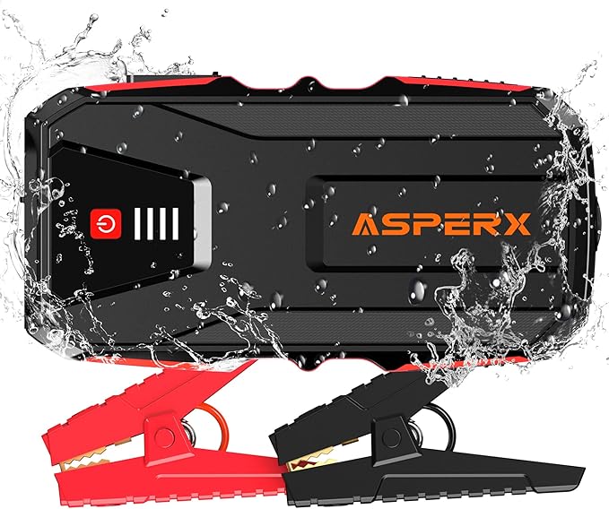 ASPERX 3000A Jump Starter for Car Battery, 12V Portable Jump Box with LED Light & Smart Jumper Cables, BMS for Up to 10.0L Gas or 8.0L Diesel Engines-Red