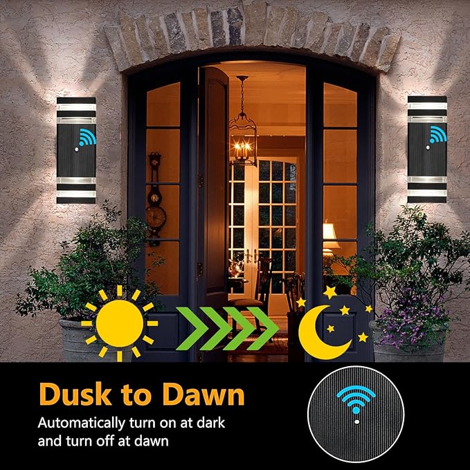 tewei 4 Pack Dusk to Dawn Outdoor Wall Lights Modern Exterior Light Fixture, 2-Layer Black Outside Lights for House, IP65 Waterproof Up and Down Outdoor Sconces Wall Lighting for Garage Porch, 3000K