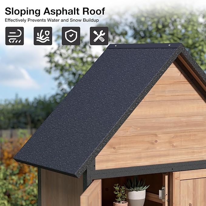 Outdoor Storage Shed with Sloped Roof - Heavy-Duty Metal & Wood Garden Cabinet, Adjustable Shelves, Large Capacity Waterproof Design for Patio, Garage, Backyard (Brown)
