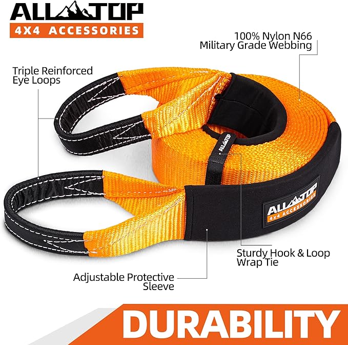 ALL-TOP Recovery Snatch Strap, 4in x 30ft - 46500Lbs, Extreme Duty 100% Nylon Kinetic Towing Recovery Strap with 22% Elongation & Reinforced Loops