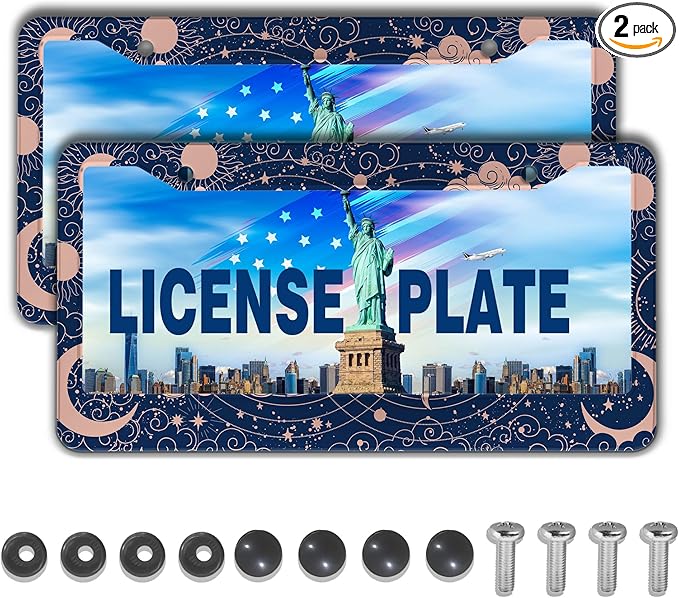 License Plate Frames for Women Blue License Plate Holder for Men Moon Sun Universal Aluminum Car Accessory 2 Pack with Screw Covers Set