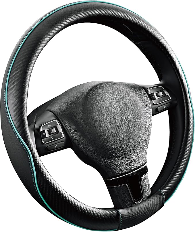 PIC AUTO Steering Wheel Cover, Mint Piping Leather, Sports Carbon Fiber and Super Breathable Leather, Universal 14.5-15.5 Inch Anti-Slip Steering Wheels Accessories for Men & Women