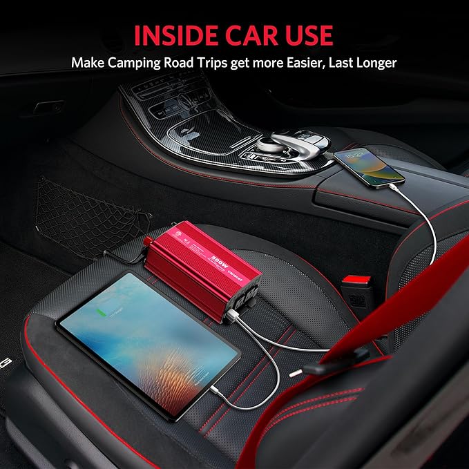 500W Pure Sine Wave Power Inverter, DC 12V to 110V AC Car Plug Inverter Adapter with 4.2A Dual USB Charging Ports and 2 AC Outlets Car Charger (Red)