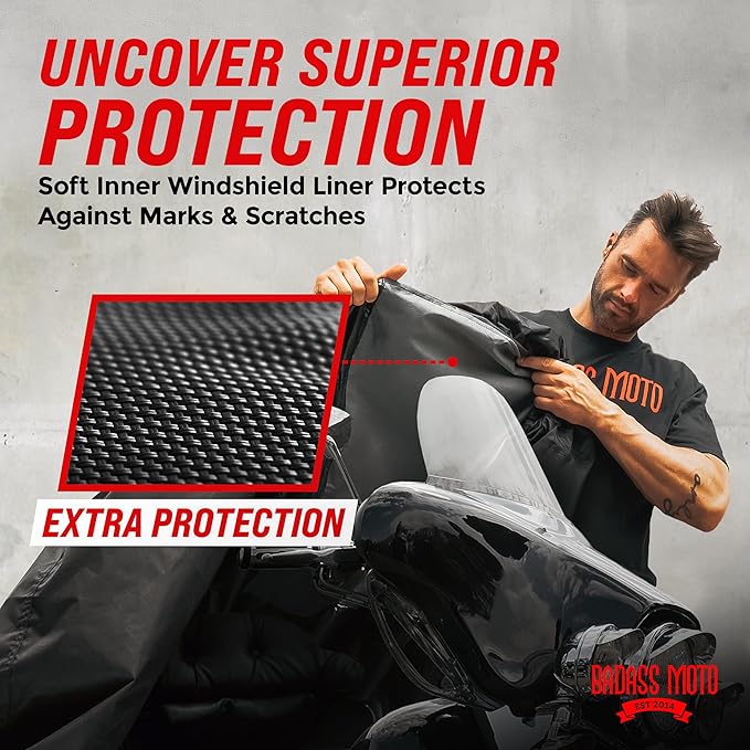Badass Moto - Extra Large Motorcycle Cover Waterproof Outdoor, Heavy Duty, for Harley Davidson, Night Reflective (108” Full Dressers,Tourers) X-Large