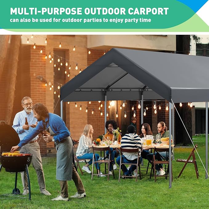 10X20 Ft Heavy Duty Carport Canopy, Portable Garage, Car Tents, Easy to Assemble, Reinforced Structure, with Hanging Edge, Applicable to Car, Bike, Boat, Party (Gray)