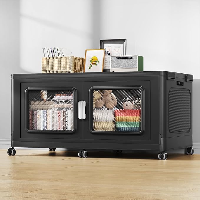 300 Qt Stackable Storage Bin with Lid, 75Gal Extra Large Collapsible Storage Boxes, Folding Plastic Drawer, Heavy-Duty Store Cabinet, Closet Organizer for Home Kitchen, 1 Pack Black