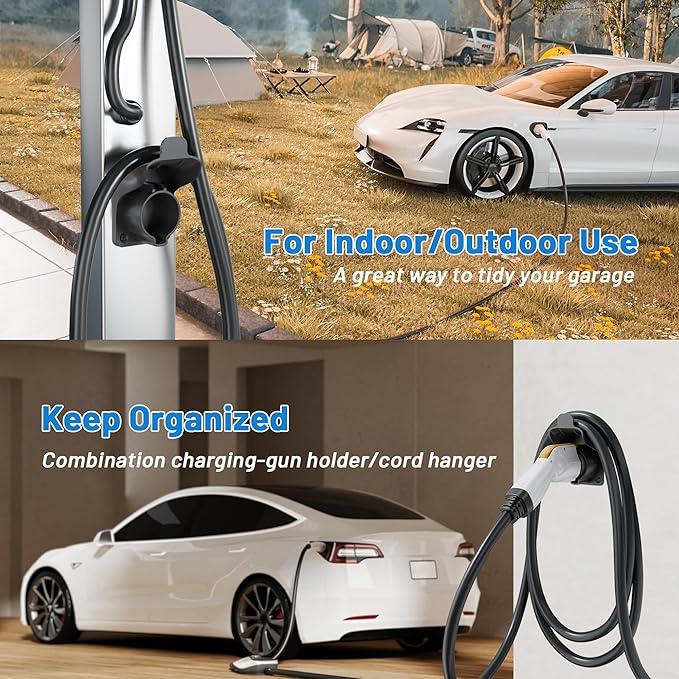 MECMO EV Charger Holder SAE J1772 Wall Mount Charging Cable Hanger Organizer, Nozzle Holster Dock Electric Vehicle EVSE PHEV Car Plug Space Saving Garage Wall Connector Cord Hook for Outdoor Indoor